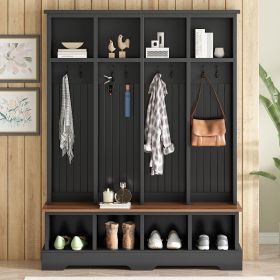 Farmhouse Hall Tree with 8 Hooks, Practical Entryway Bench with Open Compartments, 76.7"H Modern 3-in-1 Wooden Style Coat and Shoe Rack for Mudroom (Color: Black)