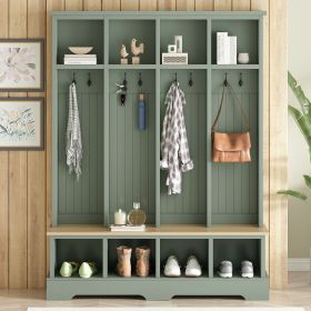 Farmhouse Hall Tree with 8 Hooks, Practical Entryway Bench with Open Compartments, 76.7"H Modern 3-in-1 Wooden Style Coat and Shoe Rack for Mudroom (Color: Mint Green)