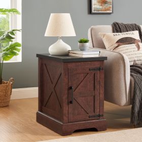 Rustic Farmhouse End table or Nightstand with Barn Door and Adjustable Storage Shelf (Color: Oak, Material: MDF)