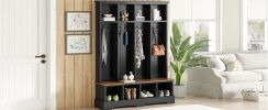 Farmhouse Hall Tree with 8 Hooks, Practical Entryway Bench with Open Compartments, 76.7"H Modern 3-in-1 Wooden Style Coat and Shoe Rack for Mudroom