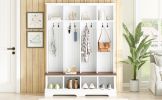 Farmhouse Hall Tree with 8 Hooks, Practical Entryway Bench with Open Compartments, 76.7"H Modern 3-in-1 Wooden Style Coat and Shoe Rack for Mudroom