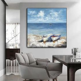 Hand Painted Oil Paintings, Abstract Seascape Painting, Boats On The Beach - For Living Room, Hallway, or Bedroom - Luxurious Decorative Painting (Style: 01, size: 120x120cm)