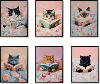 6 Piece Vintage Reading Quote Wall Art Prints, Retro Book Lover Canvas Posters with Inspirational Library Quotes (Color: Cat   16"L x 12"W Unframed)