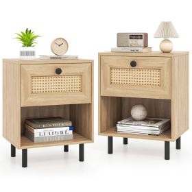 Rattan Nightstand Boho End Table with Rattan Drawer and Open Shelf Set of 2 (Color: Natural)