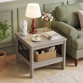 2-Tier Square Side Table with Storage Shelf and X-Frame for Bedroom Living Room (Color: Oak)