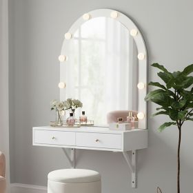 Floating Wall Mounted Makeup Vanity Desk with LED Mirror 3 Color Lights, Compact Dressing Table with Power Outlet & USB Charging (Color: White)