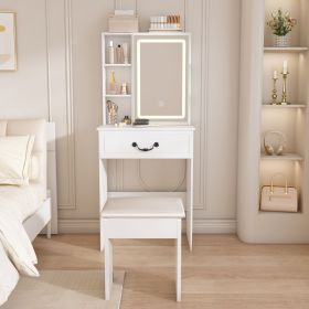 Modern Mini Dressing Table with LED-lit Mirror & Hidden Storage,Includes Padded Stool,Adjustable Brightness Vanity Desk,Multi-tier Dust-proof She (Color: as Pic)
